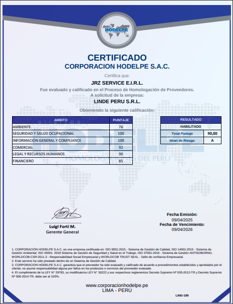Certificado de homologación de proveedores JRZ SERVICE